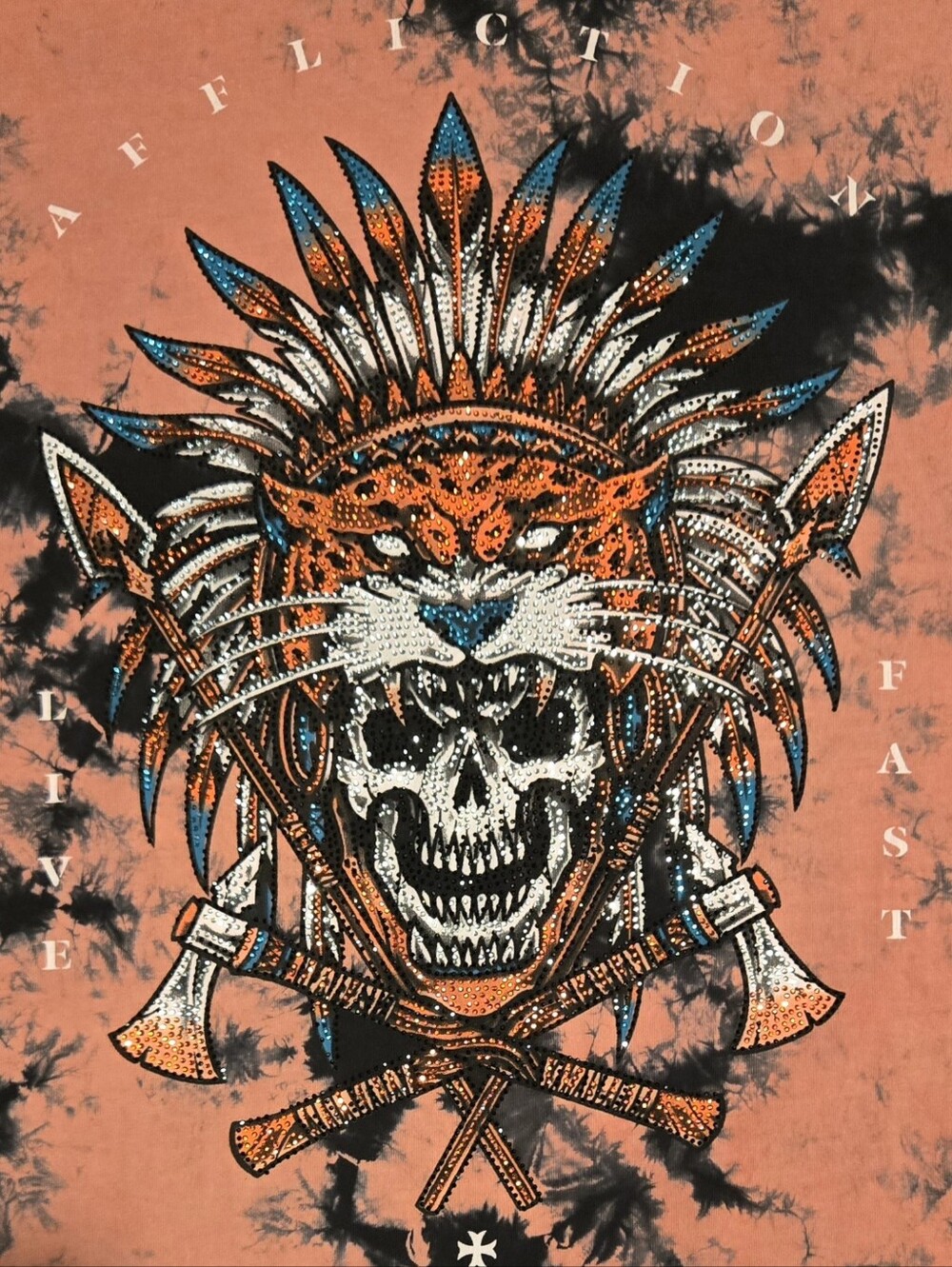 Affliction Black Label, Orange Black Graphic Short Sleeve Tee with Blue Accents